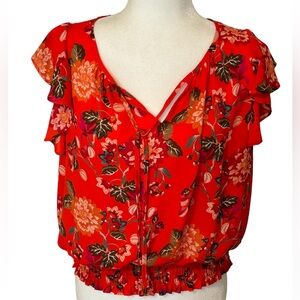 ROSE + OLIVE Orange Floral Flounce Sleeves Top Size Medium